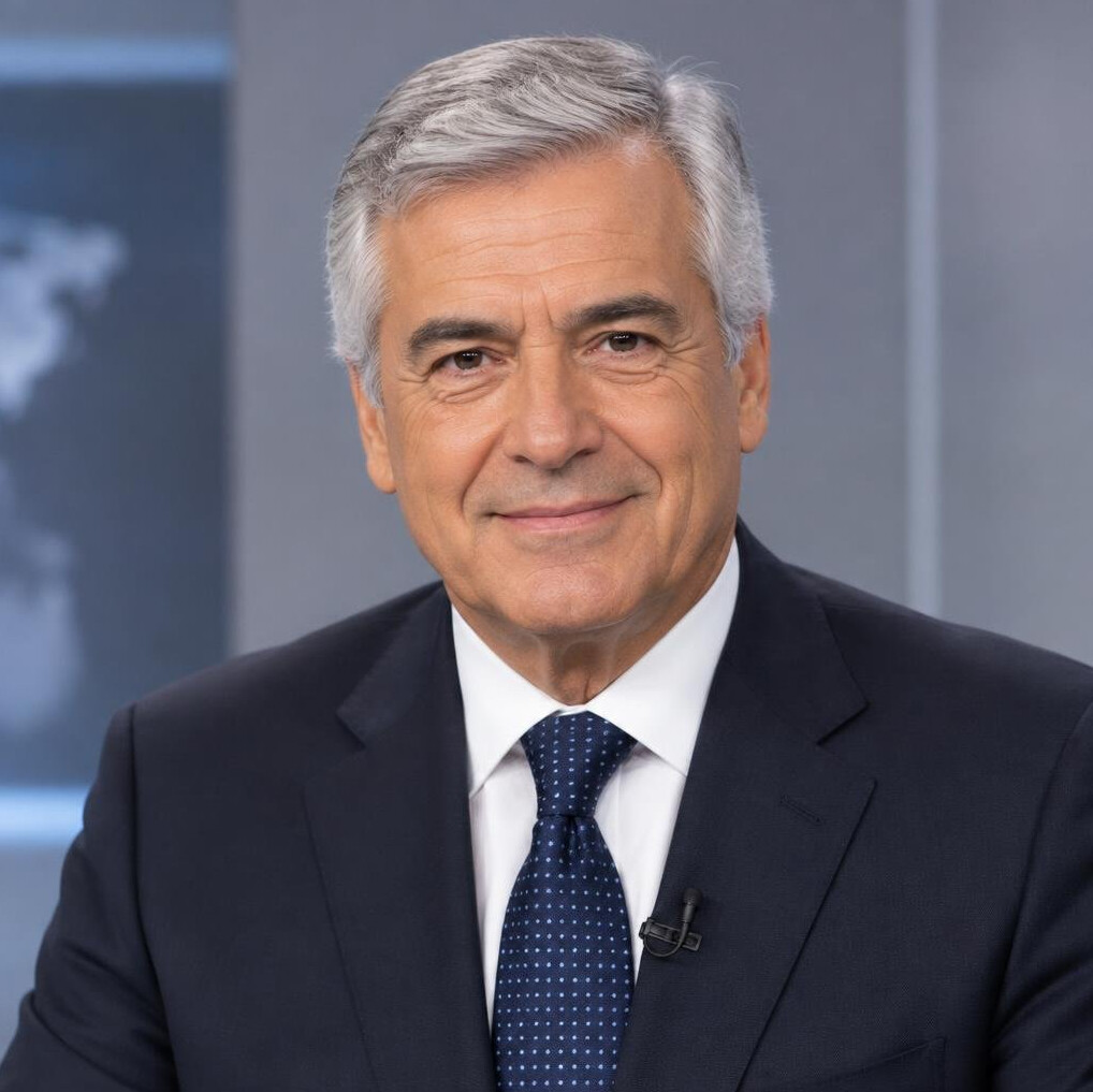 Retrato de um apresentador de telejornal português idoso, de terno, sorridente